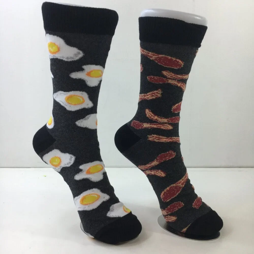 Bacon Eggs Funny Unisex Novelty Crew Socks 2 Pack Black Gray White Yellow Red